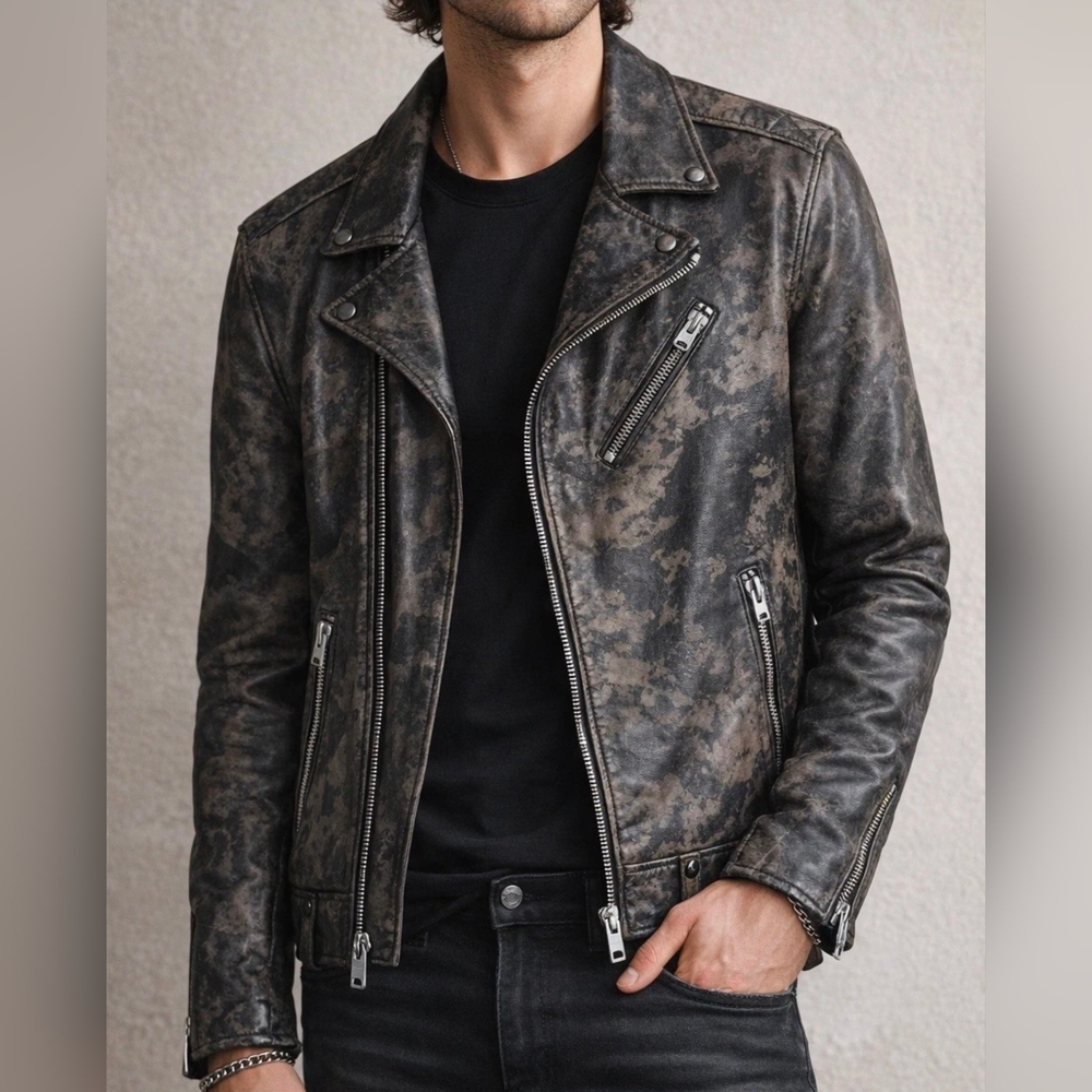 Men's All Saints Camouflage Leather Jacket XL Army